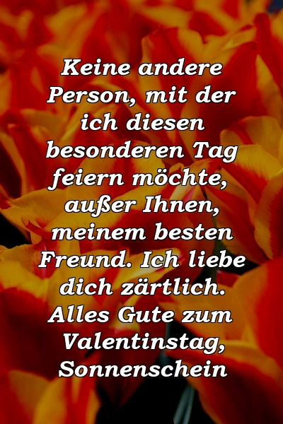 Keine andere Person, mit der ich diesen besonderen Tag feiern möchte, außer Ihnen, meinem besten Freund. Ich liebe dich zärtlich. Alles Gute zum Valentinstag, Sonnenschein