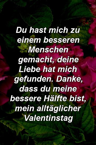 Du hast mich zu einem besseren Menschen gemacht, deine Liebe hat mich gefunden. Danke, dass du meine bessere Hälfte bist, mein alltäglicher Valentinstag