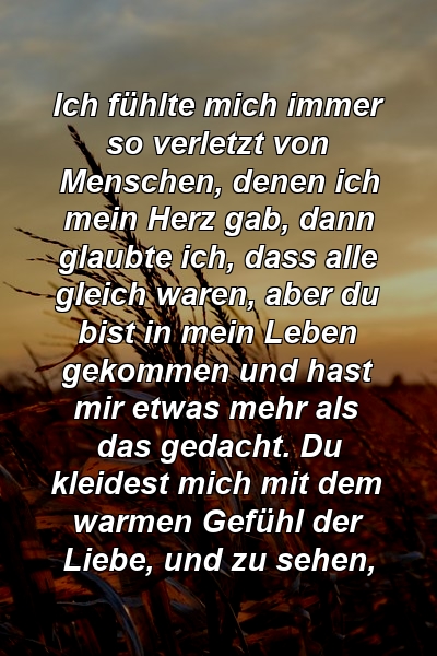 Ich fühlte mich immer so verletzt von Menschen, denen ich mein Herz gab, dann glaubte ich, dass alle gleich waren, aber du bist in mein Leben gekommen und hast mir etwas mehr als das gedacht. Du kleidest mich mit dem warmen Gefühl der Liebe, und zu sehen,