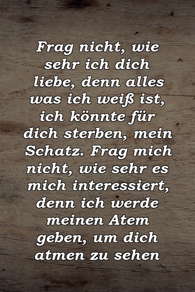 Frag nicht, wie sehr ich dich liebe, denn alles was ich weiß ist, ich könnte für dich sterben, mein Schatz. Frag mich nicht, wie sehr es mich interessiert, denn ich werde meinen Atem geben, um dich atmen zu sehen