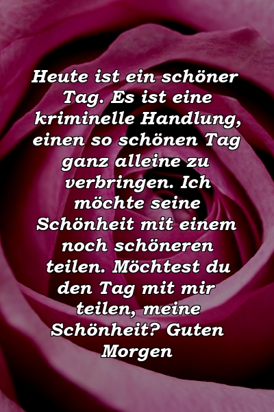 Heute ist ein schöner Tag. Es ist eine kriminelle Handlung, einen so schönen Tag ganz alleine zu verbringen. Ich möchte seine Schönheit mit einem noch schöneren teilen. Möchtest du den Tag mit mir teilen, meine Schönheit? Guten Morgen