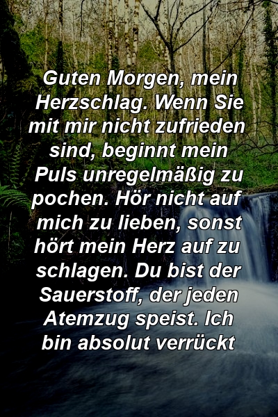 Guten Morgen, mein Herzschlag. Wenn Sie mit mir nicht zufrieden sind, beginnt mein Puls unregelmäßig zu pochen. Hör nicht auf mich zu lieben, sonst hört mein Herz auf zu schlagen. Du bist der Sauerstoff, der jeden Atemzug speist. Ich bin absolut verrückt 