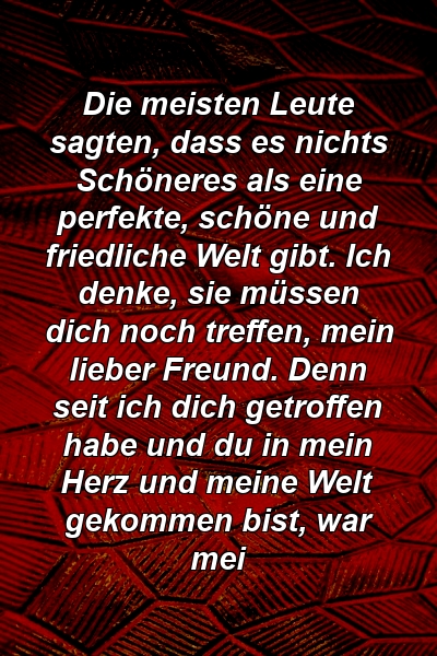 Die meisten Leute sagten, dass es nichts Schöneres als eine perfekte, schöne und friedliche Welt gibt. Ich denke, sie müssen dich noch treffen, mein lieber Freund. Denn seit ich dich getroffen habe und du in mein Herz und meine Welt gekommen bist, war mei