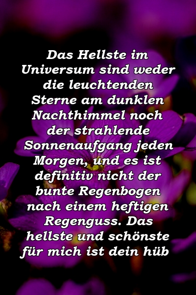 Das Hellste im Universum sind weder die leuchtenden Sterne am dunklen Nachthimmel noch der strahlende Sonnenaufgang jeden Morgen, und es ist definitiv nicht der bunte Regenbogen nach einem heftigen Regenguss. Das hellste und schönste für mich ist dein hüb