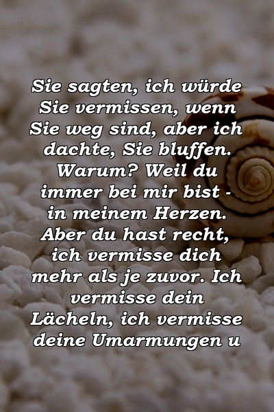 Sie sagten, ich würde Sie vermissen, wenn Sie weg sind, aber ich dachte, Sie bluffen. Warum? Weil du immer bei mir bist - in meinem Herzen. Aber du hast recht, ich vermisse dich mehr als je zuvor. Ich vermisse dein Lächeln, ich vermisse deine Umarmungen u