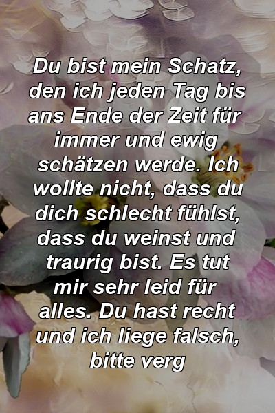 Du bist mein Schatz, den ich jeden Tag bis ans Ende der Zeit für immer und ewig schätzen werde. Ich wollte nicht, dass du dich schlecht fühlst, dass du weinst und traurig bist. Es tut mir sehr leid für alles. Du hast recht und ich liege falsch, bitte verg