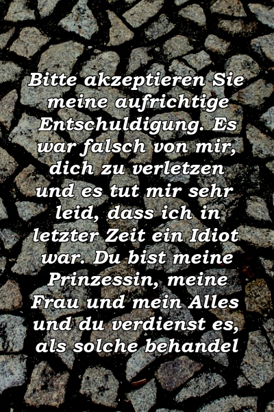 Bitte akzeptieren Sie meine aufrichtige Entschuldigung. Es war falsch von mir, dich zu verletzen und es tut mir sehr leid, dass ich in letzter Zeit ein Idiot war. Du bist meine Prinzessin, meine Frau und mein Alles und du verdienst es, als solche behandel