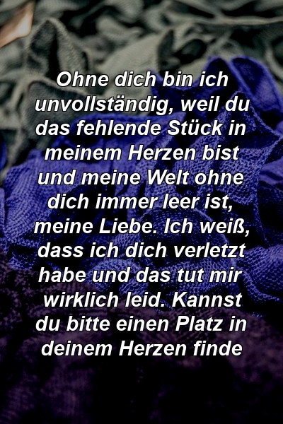 Ohne dich bin ich unvollständig, weil du das fehlende Stück in meinem Herzen bist und meine Welt ohne dich immer leer ist, meine Liebe. Ich weiß, dass ich dich verletzt habe und das tut mir wirklich leid. Kannst du bitte einen Platz in deinem Herzen finde