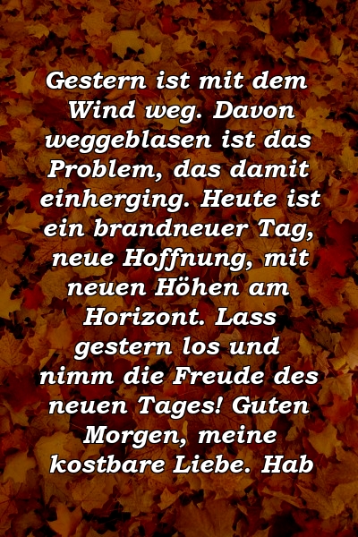 Gestern ist mit dem Wind weg. Davon weggeblasen ist das Problem, das damit einherging. Heute ist ein brandneuer Tag, neue Hoffnung, mit neuen Höhen am Horizont. Lass gestern los und nimm die Freude des neuen Tages! Guten Morgen, meine kostbare Liebe. Hab 