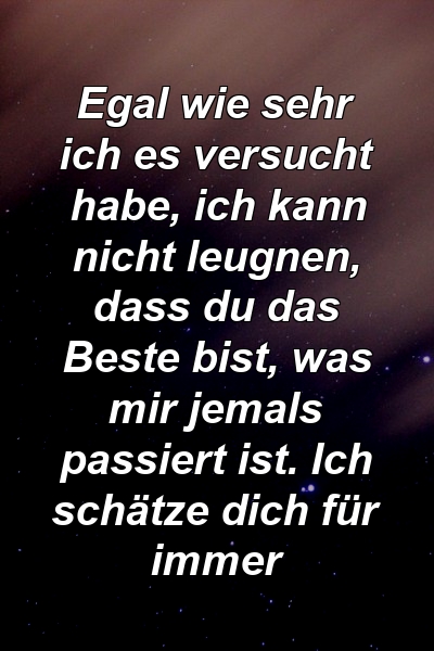 Egal wie sehr ich es versucht habe, ich kann nicht leugnen, dass du das Beste bist, was mir jemals passiert ist. Ich schätze dich für immer