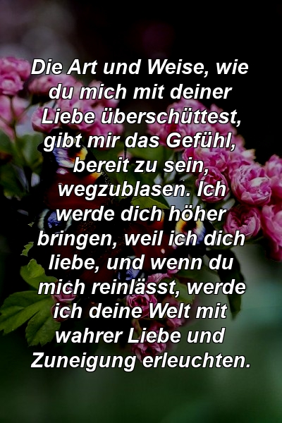 Die Art und Weise, wie du mich mit deiner Liebe überschüttest, gibt mir das Gefühl, bereit zu sein, wegzublasen. Ich werde dich höher bringen, weil ich dich liebe, und wenn du mich reinlässt, werde ich deine Welt mit wahrer Liebe und Zuneigung erleuchten.