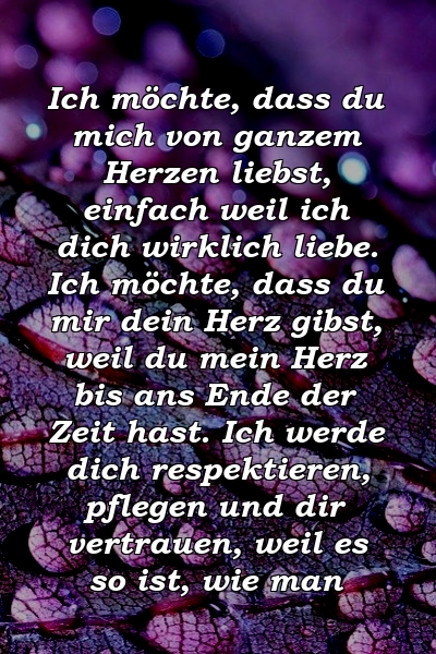 Ich möchte, dass du mich von ganzem Herzen liebst, einfach weil ich dich wirklich liebe. Ich möchte, dass du mir dein Herz gibst, weil du mein Herz bis ans Ende der Zeit hast. Ich werde dich respektieren, pflegen und dir vertrauen, weil es so ist, wie man