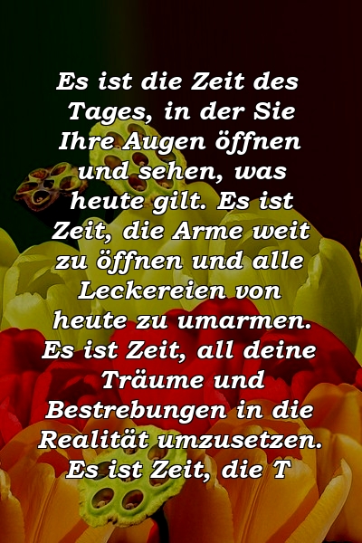 Es ist die Zeit des Tages, in der Sie Ihre Augen öffnen und sehen, was heute gilt. Es ist Zeit, die Arme weit zu öffnen und alle Leckereien von heute zu umarmen. Es ist Zeit, all deine Träume und Bestrebungen in die Realität umzusetzen. Es ist Zeit, die T