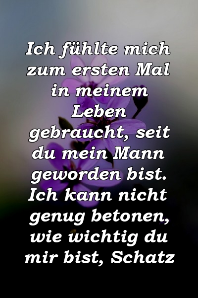 Ich fühlte mich zum ersten Mal in meinem Leben gebraucht, seit du mein Mann geworden bist. Ich kann nicht genug betonen, wie wichtig du mir bist, Schatz