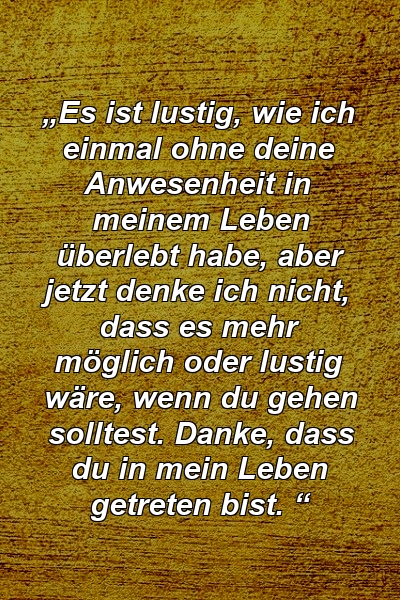 „Es ist lustig, wie ich einmal ohne deine Anwesenheit in meinem Leben überlebt habe, aber jetzt denke ich nicht, dass es mehr möglich oder lustig wäre, wenn du gehen solltest. Danke, dass du in mein Leben getreten bist. “