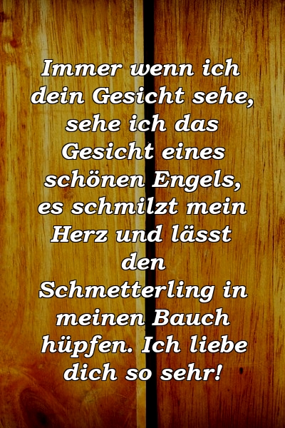 Immer wenn ich dein Gesicht sehe, sehe ich das Gesicht eines schönen Engels, es schmilzt mein Herz und lässt den Schmetterling in meinen Bauch hüpfen. Ich liebe dich so sehr!