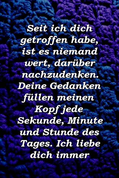 Seit ich dich getroffen habe, ist es niemand wert, darüber nachzudenken. Deine Gedanken füllen meinen Kopf jede Sekunde, Minute und Stunde des Tages. Ich liebe dich immer