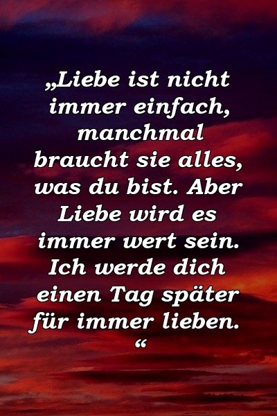 „Liebe ist nicht immer einfach, manchmal braucht sie alles, was du bist. Aber Liebe wird es immer wert sein. Ich werde dich einen Tag später für immer lieben. “