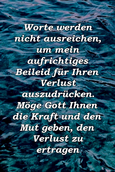 Worte werden nicht ausreichen, um mein aufrichtiges Beileid für Ihren Verlust auszudrücken. Möge Gott Ihnen die Kraft und den Mut geben, den Verlust zu ertragen