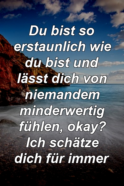 Du bist so erstaunlich wie du bist und lässt dich von niemandem minderwertig fühlen, okay? Ich schätze dich für immer