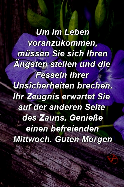 Um im Leben voranzukommen, müssen Sie sich Ihren Ängsten stellen und die Fesseln Ihrer Unsicherheiten brechen. Ihr Zeugnis erwartet Sie auf der anderen Seite des Zauns. Genieße einen befreienden Mittwoch. Guten Morgen