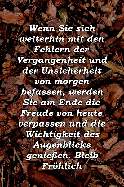 Wenn Sie sich weiterhin mit den Fehlern der Vergangenheit und der Unsicherheit von morgen befassen, werden Sie am Ende die Freude von heute verpassen und die Wichtigkeit des Augenblicks genießen. Bleib Fröhlich