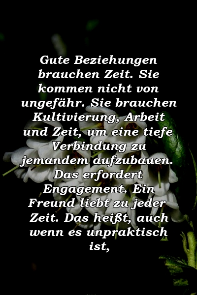 Gute Beziehungen brauchen Zeit. Sie kommen nicht von ungefähr. Sie brauchen Kultivierung, Arbeit und Zeit, um eine tiefe Verbindung zu jemandem aufzubauen. Das erfordert Engagement. Ein Freund liebt zu jeder Zeit. Das heißt, auch wenn es unpraktisch ist, 