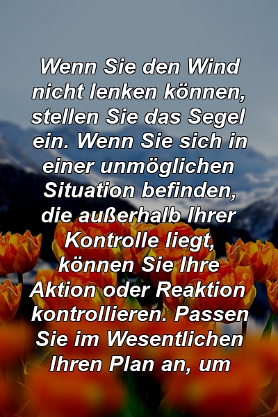 Wenn Sie den Wind nicht lenken können, stellen Sie das Segel ein. Wenn Sie sich in einer unmöglichen Situation befinden, die außerhalb Ihrer Kontrolle liegt, können Sie Ihre Aktion oder Reaktion kontrollieren. Passen Sie im Wesentlichen Ihren Plan an, um 