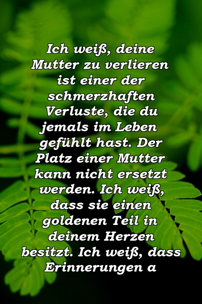 Ich weiß, deine Mutter zu verlieren ist einer der schmerzhaften Verluste, die du jemals im Leben gefühlt hast. Der Platz einer Mutter kann nicht ersetzt werden. Ich weiß, dass sie einen goldenen Teil in deinem Herzen besitzt. Ich weiß, dass Erinnerungen a