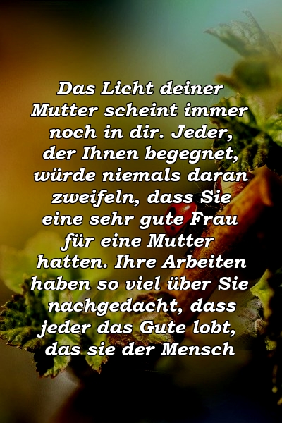 Das Licht deiner Mutter scheint immer noch in dir. Jeder, der Ihnen begegnet, würde niemals daran zweifeln, dass Sie eine sehr gute Frau für eine Mutter hatten. Ihre Arbeiten haben so viel über Sie nachgedacht, dass jeder das Gute lobt, das sie der Mensch