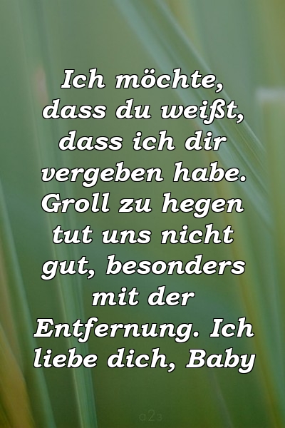 Ich möchte, dass du weißt, dass ich dir vergeben habe. Groll zu hegen tut uns nicht gut, besonders mit der Entfernung. Ich liebe dich, Baby