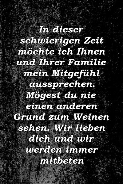 In dieser schwierigen Zeit möchte ich Ihnen und Ihrer Familie mein Mitgefühl aussprechen. Mögest du nie einen anderen Grund zum Weinen sehen. Wir lieben dich und wir werden immer mitbeten