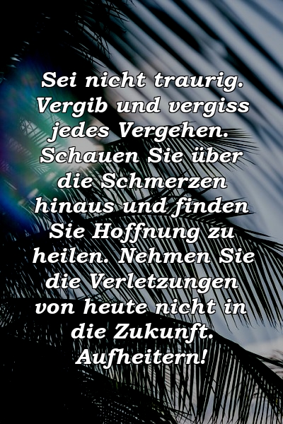 Sei nicht traurig. Vergib und vergiss jedes Vergehen. Schauen Sie über die Schmerzen hinaus und finden Sie Hoffnung zu heilen. Nehmen Sie die Verletzungen von heute nicht in die Zukunft. Aufheitern!