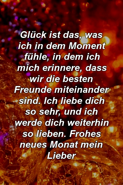 Glück ist das, was ich in dem Moment fühle, in dem ich mich erinnere, dass wir die besten Freunde miteinander sind. Ich liebe dich so sehr, und ich werde dich weiterhin so lieben. Frohes neues Monat mein Lieber