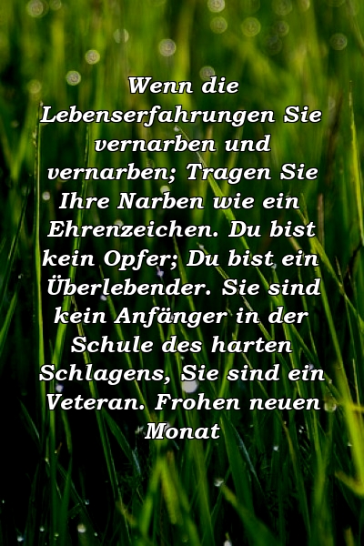 Wenn die Lebenserfahrungen Sie vernarben und vernarben; Tragen Sie Ihre Narben wie ein Ehrenzeichen. Du bist kein Opfer; Du bist ein Überlebender. Sie sind kein Anfänger in der Schule des harten Schlagens, Sie sind ein Veteran. Frohen neuen Monat