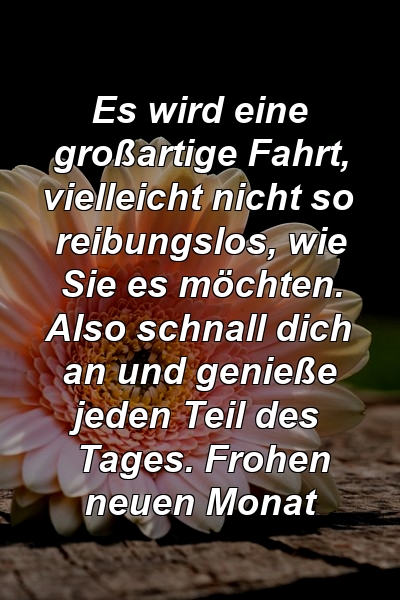 Es wird eine großartige Fahrt, vielleicht nicht so reibungslos, wie Sie es möchten. Also schnall dich an und genieße jeden Teil des Tages. Frohen neuen Monat