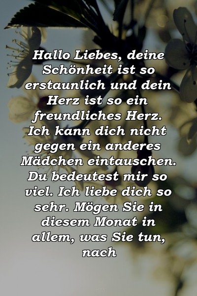 Hallo Liebes, deine Schönheit ist so erstaunlich und dein Herz ist so ein freundliches Herz. Ich kann dich nicht gegen ein anderes Mädchen eintauschen. Du bedeutest mir so viel. Ich liebe dich so sehr. Mögen Sie in diesem Monat in allem, was Sie tun, nach