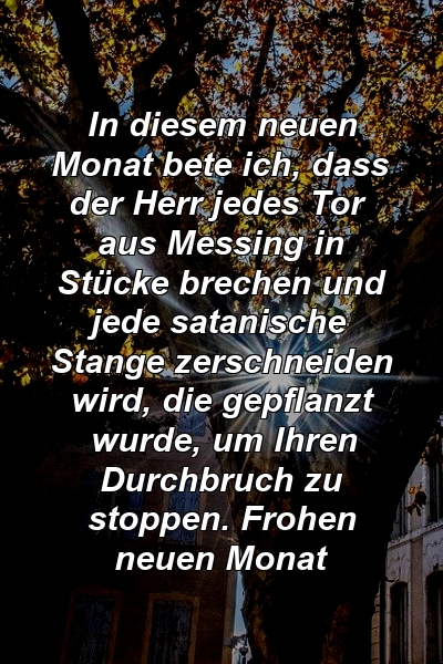 In diesem neuen Monat bete ich, dass der Herr jedes Tor aus Messing in Stücke brechen und jede satanische Stange zerschneiden wird, die gepflanzt wurde, um Ihren Durchbruch zu stoppen. Frohen neuen Monat