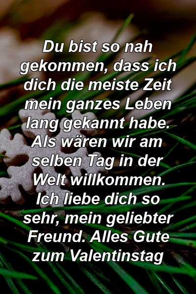 Du bist so nah gekommen, dass ich dich die meiste Zeit mein ganzes Leben lang gekannt habe. Als wären wir am selben Tag in der Welt willkommen. Ich liebe dich so sehr, mein geliebter Freund. Alles Gute zum Valentinstag