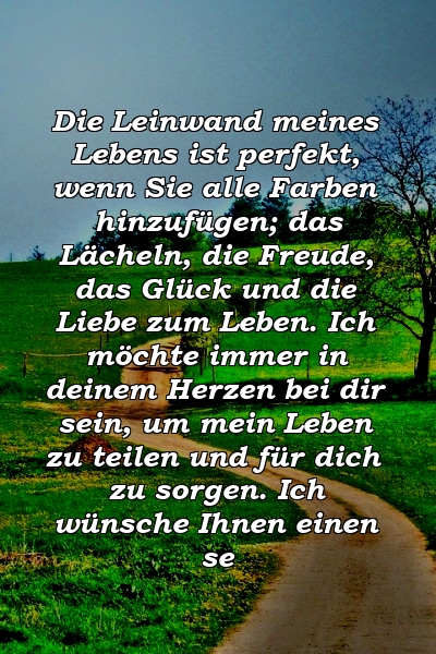 Die Leinwand meines Lebens ist perfekt, wenn Sie alle Farben hinzufügen; das Lächeln, die Freude, das Glück und die Liebe zum Leben. Ich möchte immer in deinem Herzen bei dir sein, um mein Leben zu teilen und für dich zu sorgen. Ich wünsche Ihnen einen se