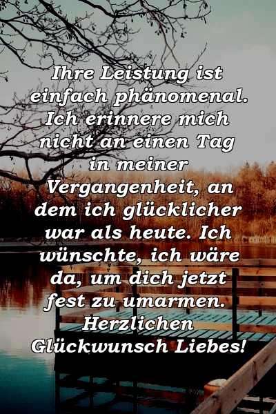 Ihre Leistung ist einfach phänomenal. Ich erinnere mich nicht an einen Tag in meiner Vergangenheit, an dem ich glücklicher war als heute. Ich wünschte, ich wäre da, um dich jetzt fest zu umarmen. Herzlichen Glückwunsch Liebes!