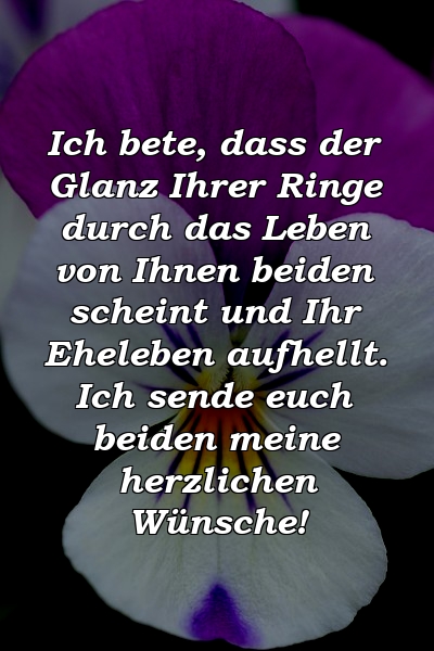 Ich bete, dass der Glanz Ihrer Ringe durch das Leben von Ihnen beiden scheint und Ihr Eheleben aufhellt. Ich sende euch beiden meine herzlichen Wünsche!