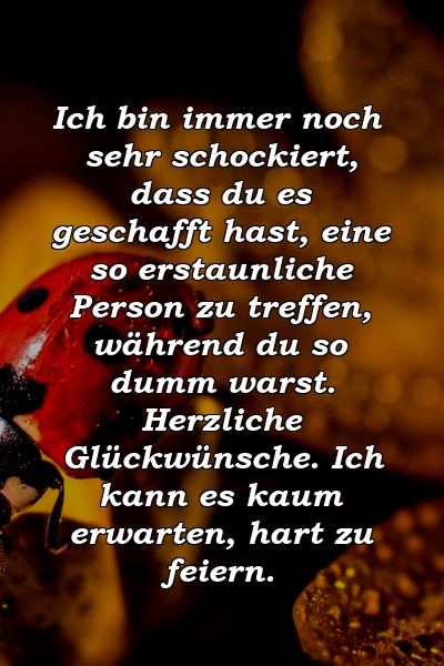 Ich bin immer noch sehr schockiert, dass du es geschafft hast, eine so erstaunliche Person zu treffen, während du so dumm warst. Herzliche Glückwünsche. Ich kann es kaum erwarten, hart zu feiern.