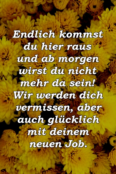 Endlich kommst du hier raus und ab morgen wirst du nicht mehr da sein! Wir werden dich vermissen, aber auch glücklich mit deinem neuen Job.