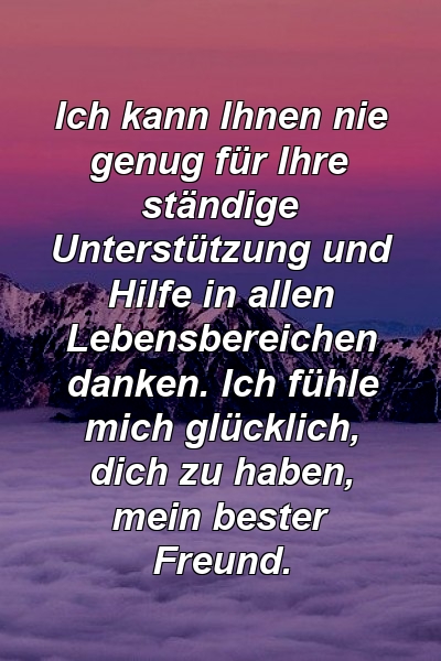 Ich kann Ihnen nie genug für Ihre ständige Unterstützung und Hilfe in allen Lebensbereichen danken. Ich fühle mich glücklich, dich zu haben, mein bester Freund.